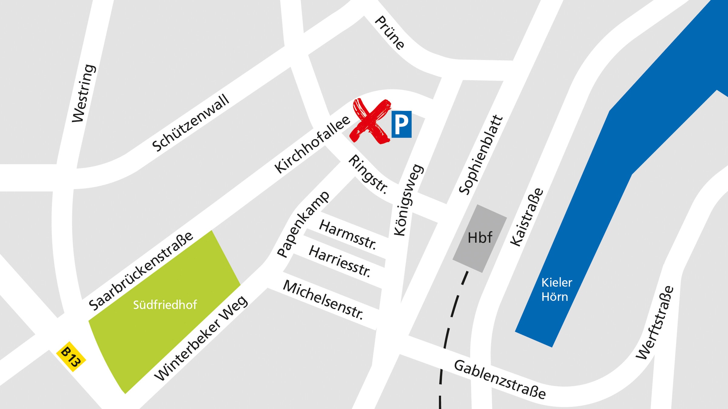 Eine Stadtkarte für die Anfahrt zum Alnatura Super Natur Markt in Kiel in der Kirchhofallee 25