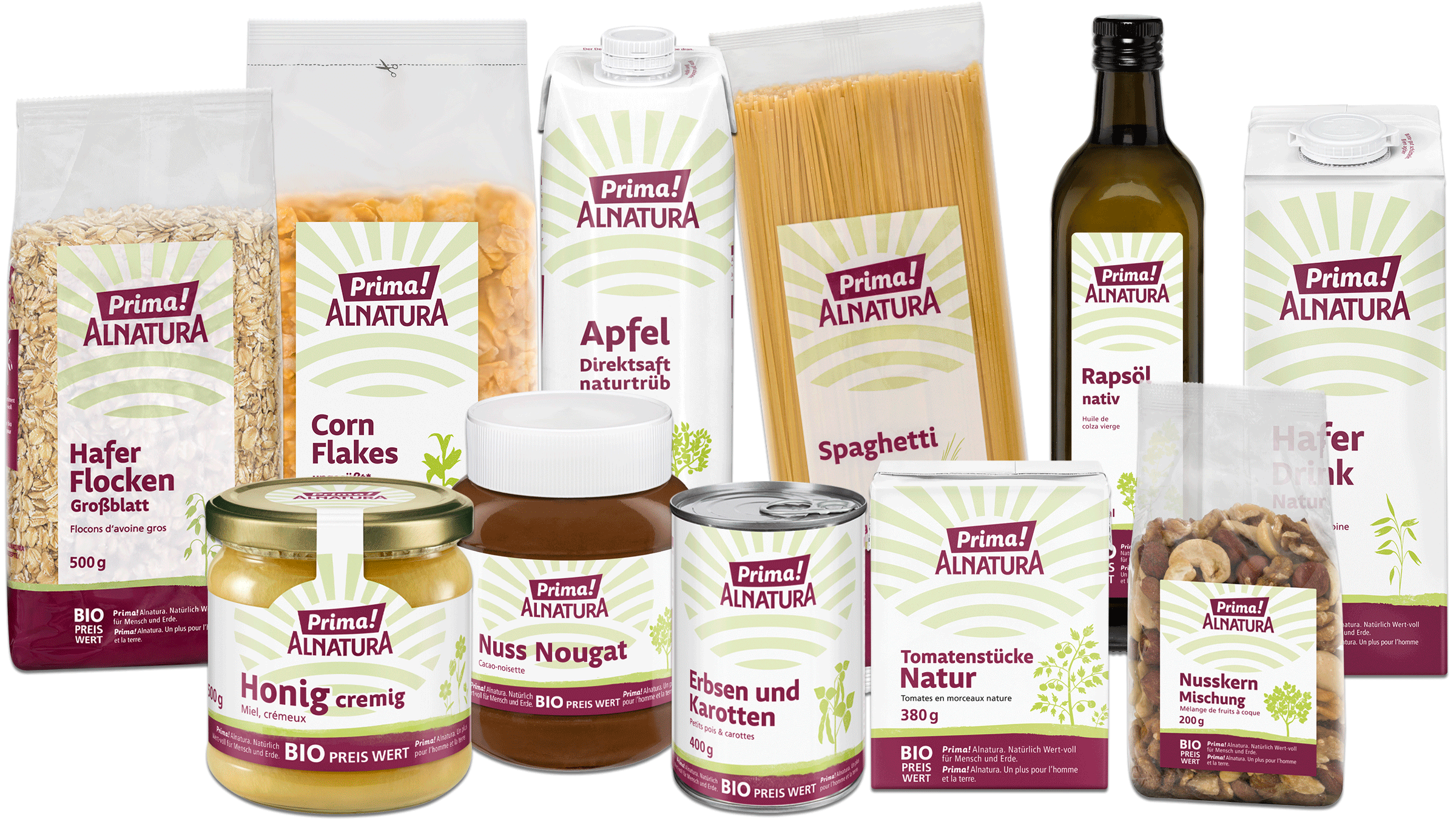 Das Bild zeigt eine Auswahl von Produkten der Marke "Prima! Alnatura". Es sind verschiedene Lebensmittel zu sehen, darunter Haferflocken, Cornflakes, Apfelsaft, Spaghetti, Nuss-Nougat-Creme, Erbsen und Karotten in Dosen, Tomatenstücke, Rapsöl, Haferdrink und eine Nusskernmischung. Alle Produkte sind verpackt und tragen das Logo der Marke sowie den Hinweis "BIO PREIS WERT".