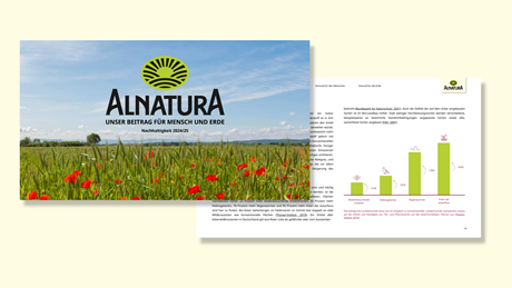 Zweiseitige Broschüre mit Alnatura-Logo über einem Mohnblumenfeld und Text zu Nachhaltigkeit sowie einer Infografik mit Balkendiagrammen und Prozentangaben.