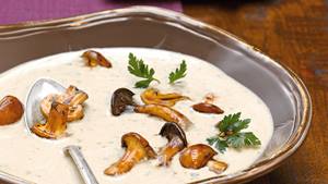 Pilzcremesuppe mit gratiniertem Pesto-Baguette