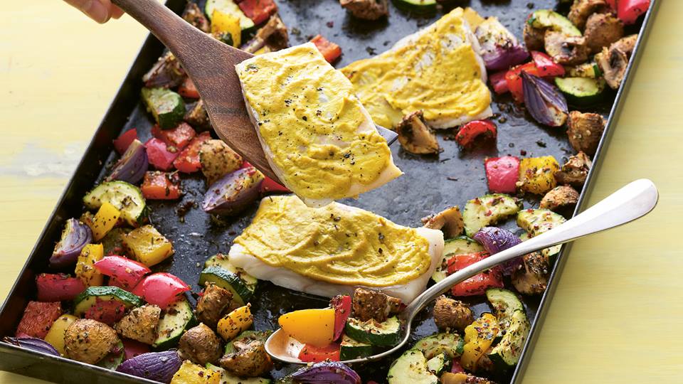 Kabeljau mit Senfkruste zu mediterranem Grillgemüse